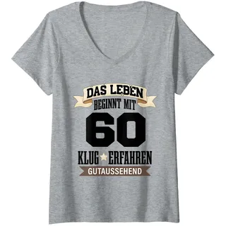 Damen Geburtstag 60 Jahre Alt Jahrgang Das Leben Beginnt Mit 60 T-Shirt mit V-Ausschnitt, Grau Meliert, M
