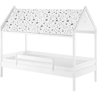 Weißes Himmelbett m Himmel u Fallschutz Kinderbett Hausbett 90x200 Massivholz Einzelbett weiteres Zubehör wählbar V-60.58-09W Federleisten und Matratze - Weiß