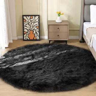 ORINOVA Teppich Rund Schwarz 180 cm Flauschig Kunstfell Schlafzimmer Kuschel Teppich Fellteppich Weich Wohnzimmer Bettvorleger Waschbar