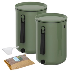 Skaza Bokashi Organko 2 (9,6 l) | preisgekrönter Küchenkomposter aus recyceltem Kunststoff | Starter Set für Küchenabfälle und Kompostierung | mit Gäraktivator 1 kg (Olive)