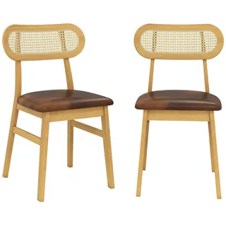 FANTASK 2er-Set Esszimmerstühle Holz, Bezug aus Kunstleder & Rattan-Rückenlehne, Holzstühle mit gepolsterter Sitzfläche, Freizeitstühle für Küche und Esszimmer, Vintage