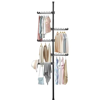 BAOYOUNI Teleskop Kleiderständer mit 5 Armen, Stehend Wäscheständer aus Metall, Höhenverstellbar Teleskopstange Kleiderbügel für Schlafzimmer, Ankleidezimmer, Büro, Boden bis zur Decke, Schwarz