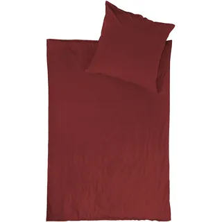 jilda-tex Bio-Bettwäsche Stone-Washed Renforce Lissabon 100% Bio-Baumwolle Knitterlook Stehsaum Bügelfrei Uni Leinen-Optik Bügelfrei Made in Green (Granatapfel, 155 x 220 cm)