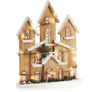 com-four® Holzhäuschen mit LED Licht - Weihnachtsdekoration Aufsteller - Holzdeko zum Hinstellen - beleuchtetes Giebel-Haus - winterliche Tischdekoration [Auswahl variiert] (1x Giebelhaus)