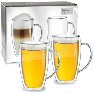 Creano doppelwandiges Thermoglas mit Henkel 250ml, großes Doppelwandglas aus Borosilikatglas, Kaffee-/Teeglas, 2x 250ml