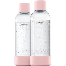Mysoda: Wiederverwendbare Plastik Wasserflasche (BPA-frei) Wassersprudler mit Quick-Lock, Deckel und Boden aus Holzkomposit, 2 x 1L - Pink