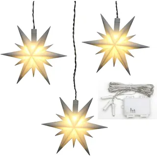 ***3er Set Weihnachtssterne aus Kunststoff in weiß, inkl. LED Beleuchtung und 6h Timer, für Batteriebetrieb, für Innen und Außen geeignet. Maße je Stern L/B/H: 13,5 x 5,5 x 12 cm.