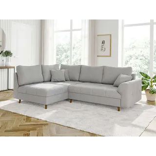 s-style möbel Kai - Ecksofa mit Braun Holzfüßen im skandinavischen Stil aus Hellgrau Cord-Stoff, Ottomane links - Hellgrau