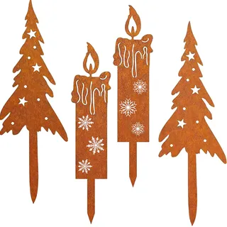 4er Set Rost Weihnachtsbaum Kerzen weihnachten Deko Outdoor Gartenstecker Roststecker Weihnachtsdeko Draußen Gartendeko aus Rust Blumenstecker Weihnachten für Advent Weihnachts Garten Balkon Grabschmu