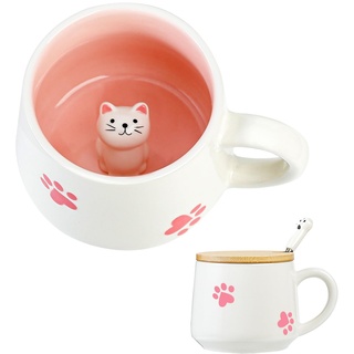 Süße Sachen Keramik Katze Kaffeetasse Teetasse Mit Deckel Löffel Lustige Tassen Geschenke für Frauen Kaffeebecher Porzellan 3D Tasse Personalisiert Cappuccino Tassen Beste Freundin Jahrestag Geschenk