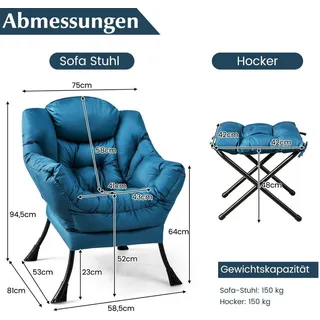 Sessel mit Hocker & Armlehnen & Seitentasche & Fußstütze Relaxsessel Ohrensessel Blau - Blau