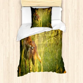 ABAKUHAUS Fuchs Mantele, Vixen Säugetier Sommer Wald, Milbensicher Allergiker geeignet mit Kissenbezügen, 135 cm x 200 cm - 80 x 80 cm, Orange Gelb-Grün - Orange
