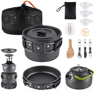 aiGear Camping Kochgeschirr Set/Outdoor Geschirr Set | Camping Topf Kochtopf Tragbar Aluminium | mit Aufbewahrungsbeutel | für Outdoor Camping Wandern Wandern Picknick (CC5339BK)