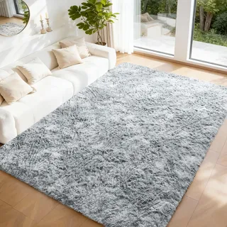 CHOSHOME Teppich Wohnzimmer Shaggy Hochflor Teppiche Grau Langflor Teppich Kinderzimmer Modern Bunte Batik Jugendzimmer Flauschiger Teppiche Groß, Grau 120X180 cm