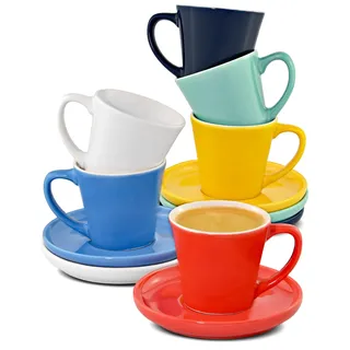 Cosumy Espressotassen Set 6er Bunt mit Untertassen - Keramik - Hält Lange Warm - Mokkatassen Stapelbar Spülmaschinenfest - Espresso Tassen mit Henkel - Geschenkbox - Espressobecher Design - 70ml