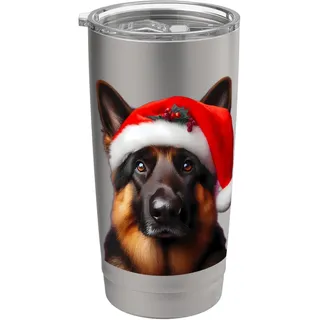 Deutscher Schäferhund mit Weihnachtsmütze, Weihnachtsmannmütze, Hundebesitzer Doppelwandiger Edelstahl-Thermobecher