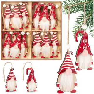 Brubaker 12x Weihnachtsanhänger Wichtel - 8 cm Baumschmuck aus Holz - Zwerge mit Bart und großer Nase - Holzanhänger Weihnachtsbaumschmuck - Christbaumschmuck Anhänger Weihnachten - Rot Weiß