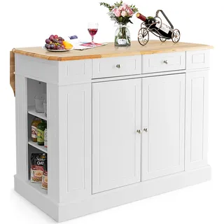 COSTWAY Kücheninsel aus Gummiholz, Küchenschrank klappbar mit ausziehbarer Arbeitsplatte, Küchenschrank mit Schubladen, Seitenregalen, 2-türigem Schrank, 3-stufig verstellbaren Böden - Weiß
