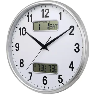 HZDHCLH 33cm Funkuhr Digitale, Anzeige von Temperatur, Luftfeuchtigkeit, Kalender, Modernes Design, Geeignet Für Zuhause, Büro, Schule(Weißsilber)