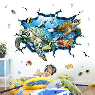 decalmile Wandtattoo Unterwasserwelt 3D Meeresschildkröten Unter dem Meer Wandaufkleber Ozean Fisch Seetang Wandsticker Junge Babyzimmer Badezimmer Wanddeko