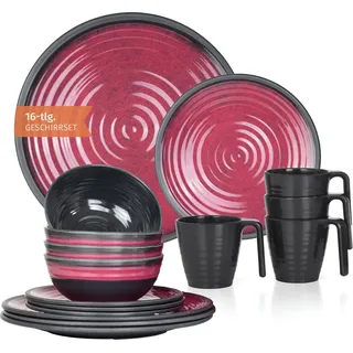 Melamin Camping Geschirr Set 4 Personen Stone Red + 4 Tassen Stone Kaffetassen Becher Tafelgeschirr Picknick BBQ Kochgeschirr - Rot