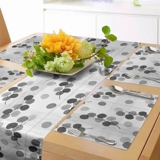 ABAKUHAUS Grau Tischläufer & 4 Stück Tischsets, Handwerker-Kreis formte Blatt-Laub-Niederlassungen mit flüchtigen Linien Streifen auf Hintergrund-Druck, Tischdeko-Set, 180 x 40 cm, Anthrazit grau
