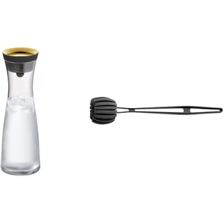 WMF Basic Wasserkaraffe aus Glas, 1 Liter, Glaskaraffe mit Deckel, Gold & Basic Flaschenbürste lang 41 cm, Reinigungsbürste mit 6 weichen Reinigungsschwämmen, für Gläser, Karaffen, Dekanter
