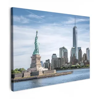 MuchoWow Leinwandbild New York - Freiheitsstatue - Wasser Wandbilder 80x60 cm , Hellblau , Textil , Kiefer , Abstrakt , Rechteckig , 80x60 cm , FSC 100% , gerahmt , Bilder & Rahmen, Bilder, Leinwandbilder