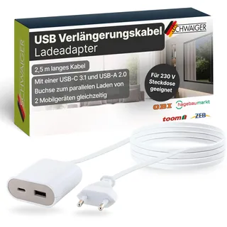 Schwaiger Ladegerät-Verlängerung 2,5 m I Ladeadapter mit USB-C & USB-A Anschluss I Mehrfach Adapter mit Schnellladefunktion I Ladeadapter mit Verlängerungskabel