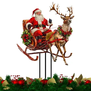 Weihnachts-Gartenstecker, Dekorationen, Weihnachtsmann-Gartenstecker - 2D-Acryl-Bunter -Garten-Erdungsstecker,Wasserdichter, Flacher, Bunter Rasen-Rentierschlittenstecker Für Topfpflanzen