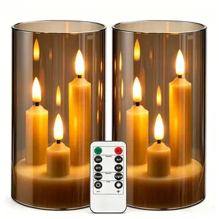 2 Stück 3-Kern LED-Stabkerzen, Graue Transparente Acryl-Gehäuse Flammenlose Kerzen mit Fernbedienung, Realistischer Flammeneffekt, Batteriebetrieben für Heim-, Hochzeits- und Weihnachtsdekoration