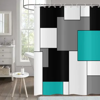 Hnmdmyi Duschvorhang Türkis 180x180, Grau Schwarz und Weiß Duschvorhänge Moderne Geometrische Dekorative Badewanne Vorhang Wasserdicht Polyester Stoff Waschbar Badevorhang für Badezimmer mit Haken