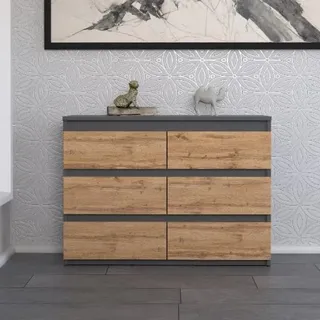 STIV Möbel | Kommode mit 6 Schubladen | Grau Matt / Eiche Wotan | 100 cm | modern & grifflos | Schlafzimmer & Wohnzimmer - Grau