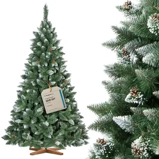 FairyTrees Weihnachtsbaum künstlich 220cm Kiefer mit Christbaum Holzständer | Tannenbaum künstlich mit Natur-Weiss beschneit | Made in EU