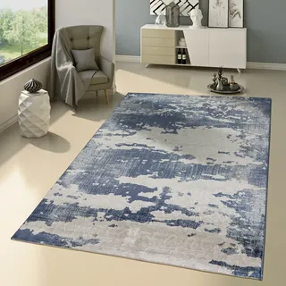 TT Home Teppich Modern Ausgefallen Vintage Stil Orient Muster Jeans Blue Trend Blau Grau Größe 80x150 cm - Blau