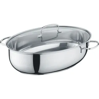 Ovaler Edelstahlbräter, Glasdeckel, 38 x 25,5 cm, Edelstahl, poliert - Silber