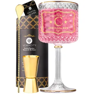 Vemacity Gin-Gläser-Set Personalisiert – Gin-Glas mit Gravur (C) | 3 Goldränder, Cocktail-Löffel & Jigger | Geschenkbox | Luxuriös Gewichtet | Ideal für Weihnachten und Neujahr