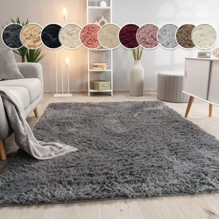 Paco Home Hochflor Teppich Wohnzimmer Fellteppich Kunstfell Shaggy Flauschig Grau