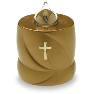 AROBA 2x LED Grabkerze Trauerlicht - Flackereffekt wie echte Kerze - lange Brenndauer bis 200 Tage - wiederverwendbar Friedhofskerze Gedenkkerze Dauerkerze - gold Heiliges Kreuz