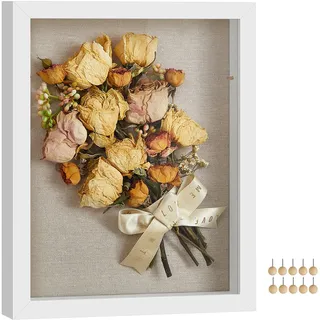 SONGMICS 3D Bilderrahmen zum Befüllen, Fotorahmen mit Schnur, Klammern, Stecknadeln, DIY, Schaumstoffplatte mit Leinenoberfläche, Glas, MDF, 22,5 x 4 x 27,5 cm, Geschenkidee, weiß RPF007W01