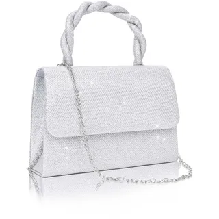 Larcenciel Damen Clutch, Glitzer Silber Handtasche mit Abnehmbarer Kette, Metallisch Pailletten Abendtasche, Elegant Tasche Crossbody Umhängetasche für Hochzeit Party Bankett Ferien (20x5.5x13.5cm)