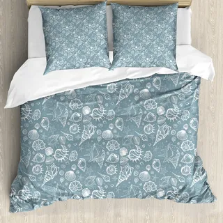 ABAKUHAUS Sea Shells Bettbezug, Gekritzel-Art-Muster, Milbensicher Allergiker geeignet mit Kissenbezügen, 155 cm x 220 cm - 80 x 80 cm, Blau, Grau, Weiß - Blau