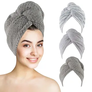 KinHwa Turban Handtuch mit Knopf Bambus Mikrofaser Haarturban für die Haare Kohlefaser Haarhandtuch schnelltrocknend Super saugfähig und weich für Lange Haare und alle Haartypen 25x65cm 3 Stück