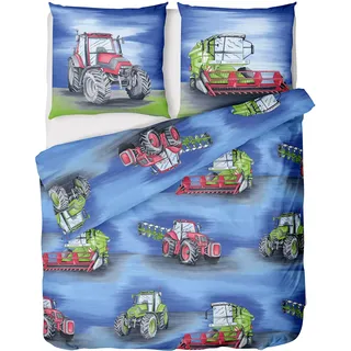 LINKHOFF Traktor Bettwäsche 135x200 Jungen 2tlg | Mähdrescher & Traktoren Bettwäsche-Set für Kinder | Trecker Kinderbettwäsche | Biber Qualität 100% Baumwolle