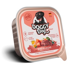 DOGGY Dog Paté Rind & Lachs, 10 x 150 g, Nassfutter für Hunde, getreidefreies Hundefutter mit Lachsöl und Grünlippmuschel, Alleinfuttermittel mit Karotten und Brokkoli, Made in Germany