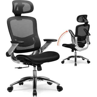 COMHOMA Bürostuhl, ergonomischer schreibtischstuhl mit Mesh, 2D-Kopfstütze, 4D-Armlehnen, Hohe Rückenlehne mit Wipp- & Feststell (90-125°), extra breite Sitzfläche, Belastbarkeit 180 kg, Schwarz