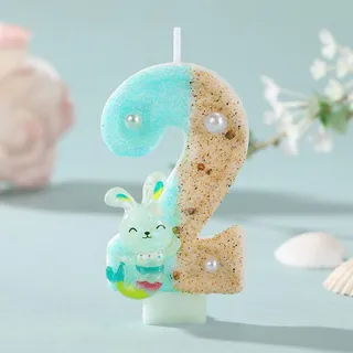 Geburtstagskerzen Kinder, Ozeanische Meerjungfrau Nummer 2 Geburtstagskerze, Türkis und Sand Design mit Perlen, Glitzer-Dekor für Tortendekoration, Kindergeburtstag