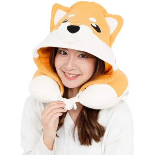 SAZAC Nackenstützkissen mit verstellbarem Knebelknopf - Kapuze für Wärme und Privatsphäre - authentisches Japanisches Kawaii-Design - Premium Qualität (Shiba Inu Hund)