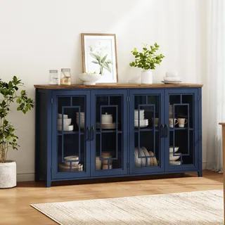 MODFU Beistellschrank mit Glastüren,160cm Breite,Sideboard mit viel Stauraum und 2 große Fächer,Küchenschrank mit Retro-Holzmaserung-Arbeitsplatte,Blau - Blau
