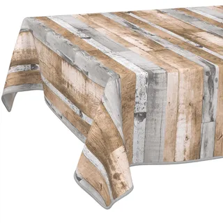 Wachstuch Tischdecke Holzoptik Braun Grau Rechteckig mit Einfassung – abwaschbar & pflegeleicht – Outdoor & Indoor Tischdecke rustikal – PVC Tischtuch für Garten & Küche 160 x 140 cm (Rechteckig)